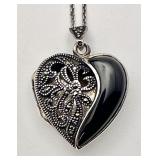 Sterling silver marcasite onyx heart locket