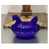 Mini cobalt blue glass hen on a nest