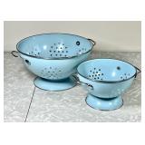 Pair of turquoise enamel colanders