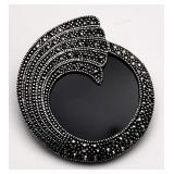 Sterling silver marcasite & onyx brooch