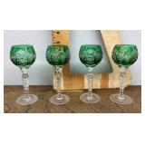 Green Bohemian cut to clear cordial glasses