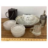 Glass bowls & dishes, graniteware coffeepot, etc.