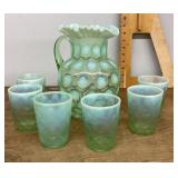 Green opalescent uranium glass pitcher and cups