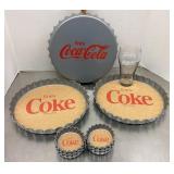 Coca Cola bottle cap trays, coasters, and glass