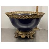 Cobalt blue console bowl with metal trim