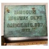 Cast metal MO Hwy Dept. Bridge sign