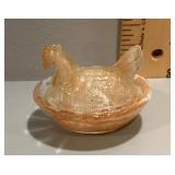 Peach slag glass mini hen on a nest
