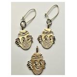 14k gold clown pendant and matching earrings
