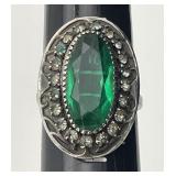 Sterling silver ring with large green stone