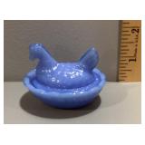 Blue milk glass mini hen on a nest