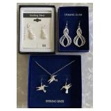 3 boxed sterling silver earrings and necklace
