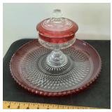Ruby flash plate and covered compote