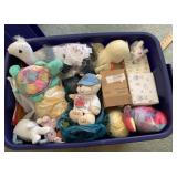 Box of plush toys and Precious Moments