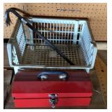 Toolbox with contents, crowbar, plastic storage