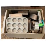 Box of kitchenware and bakeware