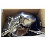 Box of assorted pots and pans