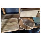 Box of cutting boards, kitchen scale, and trays