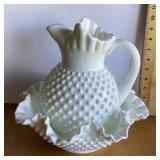 Fenton milk glass hobnail pitcher and bowl