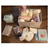 Box of yarn, knitting needles, etc
