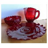 Ruby red Fostoria glass plate, bowl, creamer