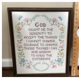 Framed cross stitch Serenity poem