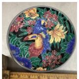 Pewter encased porcelain exotic birds bowl