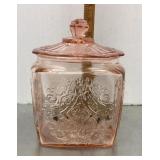 Pink Depression glass biscuit jar