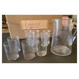 Etched glass pitcher & 10 glasses