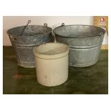 2 galvanized buckets and stoneware crock