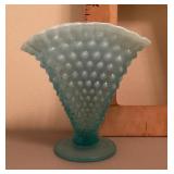 Blue opalescent glass hobnail fan vase