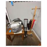 Lot - Wooden Coat Rack, Coffee Table, Rolling Cart and Assorted Items