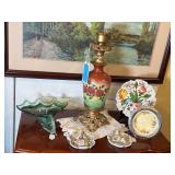 Lot - Victorian Lamp without Shade, Vintage Sooner Glass, Italian Plates
