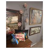 Lot - Decorative Metal Floral Sculpture, Blue Pitcher, and Welcome to Paradise Sign