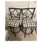 Lot - (2) Black Metal Swivel Bar Stools with Plaid Upholstery