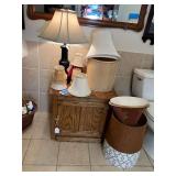 Lot - Assorted Lamp Shades and Oak Cabinet