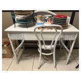 Lot - Wicker Desk and Chair Set with Decorative Items