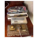 Lot - 3-piece desk inkwell set, Cross pens, and Assorted Writing Tools