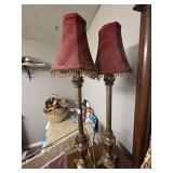 Lot - (2) Gold-Tone Accent Lamps with Red Patterned Shades