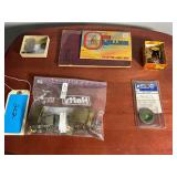 Lot - Military Pins, Medals, Postcard, Belt Buckle, and Book