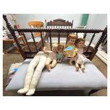 Lot - Assorted Dolls and a Spool Bed Frame