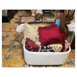 Lot - White Wicker Chest with Assorted Pillows