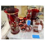 Lot - Red Glass Vases, Bowls, and Candy Dish