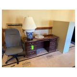 Lot - Desk, Rolling Office Chair, Shelf, Lamp, and Plastic Serving Set