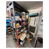 Shelf with contents:   Metal storage shelf with box clamps, misc fluids
