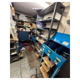 LARGE MISC LOT with shelves included:  Wiring, hoses, clamps, shop rags