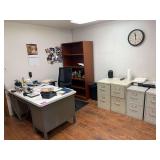 Desk, Chair, Wood Shelf and (4) 2-drawer file cabinets (no contents)
