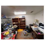 Wood desk, (2) wood shelves, Wire shelf, 2-drawer file cabinet (NO Contents)