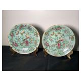 (2) Antique Celadon Canton Famille Rose Plates - 7"