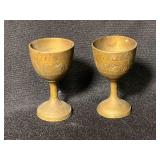Lot - (2) Small Vintage Etched Brass Shot Glass/Goblets