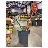 Trash Bin with Signs, Broom, Shovel